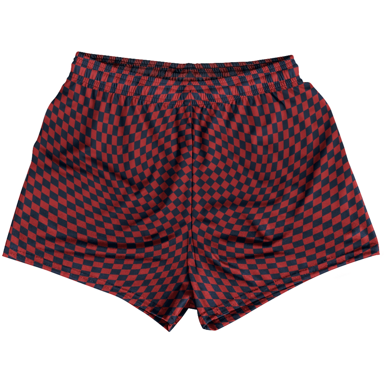Warped Checkerboard Womens & Girls Sport Shorts End Made In USA - Blue Navy And Red Dark
