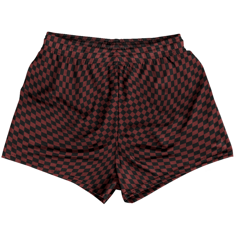Warped Checkerboard Womens & Girls Sport Shorts End Made In USA - Red Maroon And Black