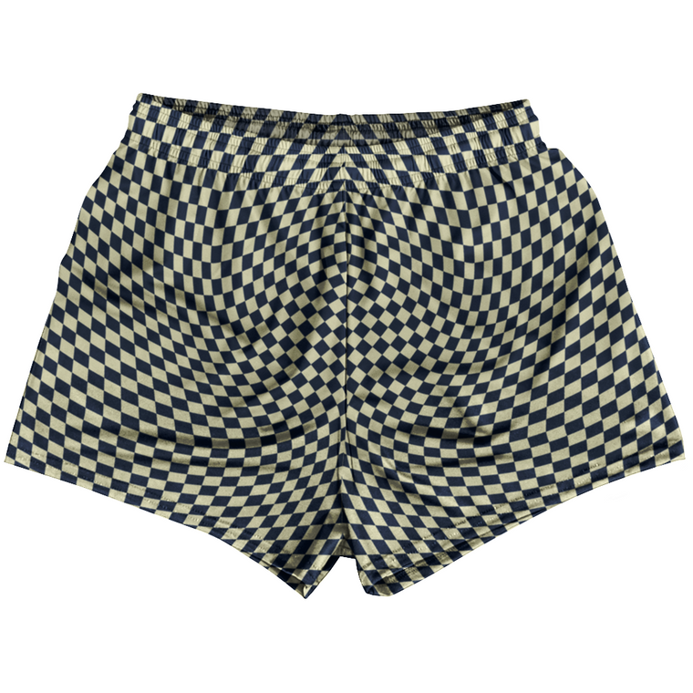 Warped Checkerboard Womens & Girls Sport Shorts End Made In USA - Blue Navy And Vegas Gold