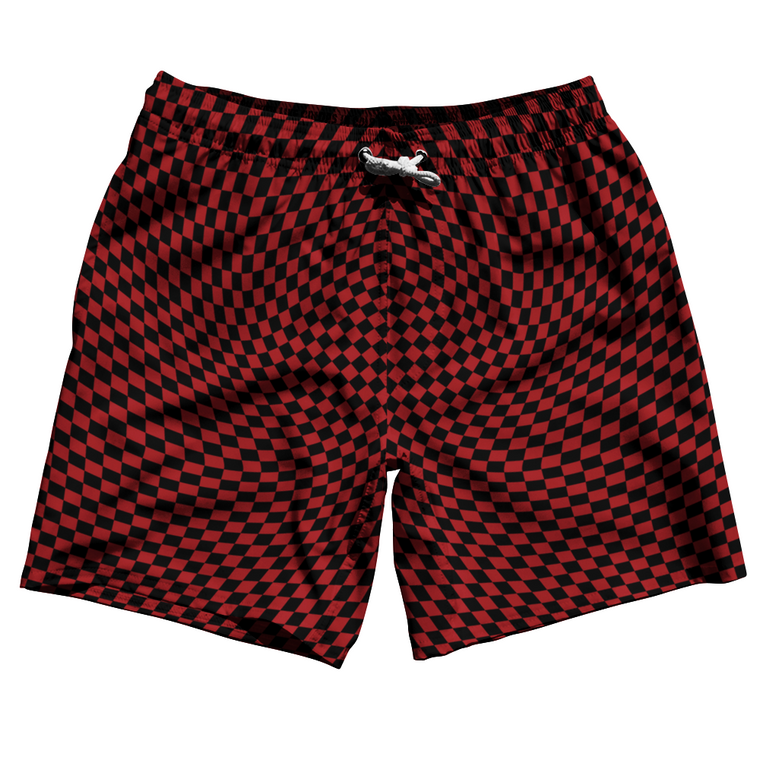 Warped Checkerboard Swim Shorts 7" Made in USA - Red Dark And Black