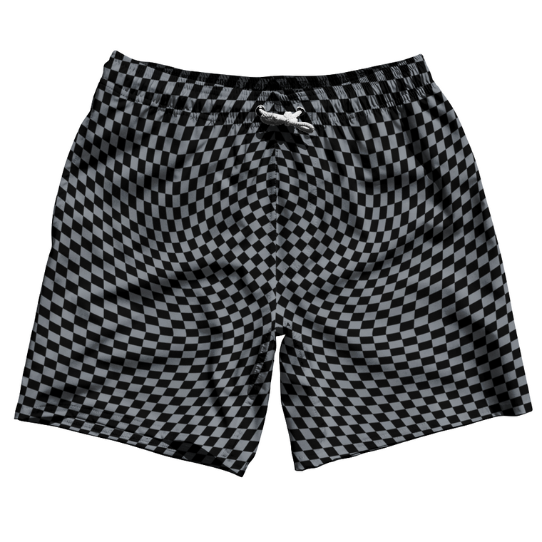 Warped Checkerboard Swim Shorts 7" Made in USA - Grey Dark And Black