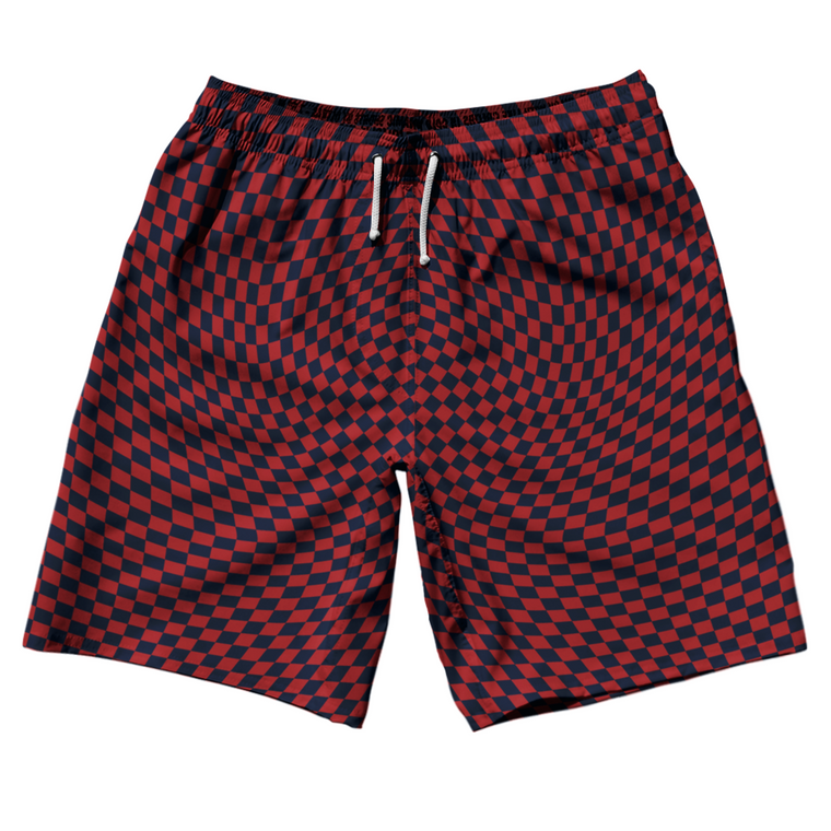 Warped Checkerboard 10" Swim Shorts Made in USA - Blue Navy And Red Dark