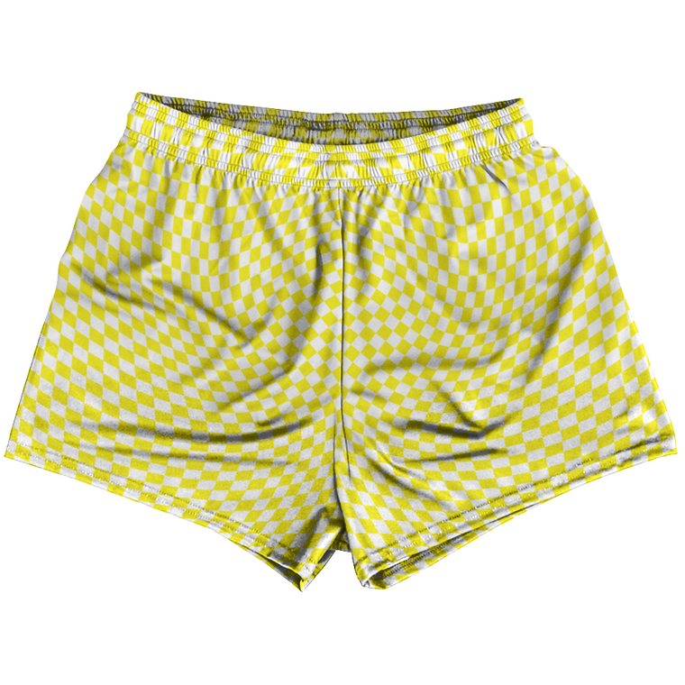 Warped Checkerboard Womens & Girls Sport Shorts End Made In USA - Yellow Bright And White