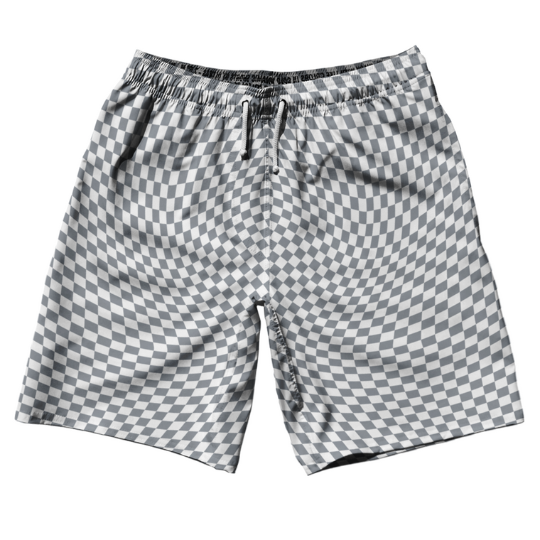 Warped Checkerboard 10" Swim Shorts Made in USA - Grey Dark And White