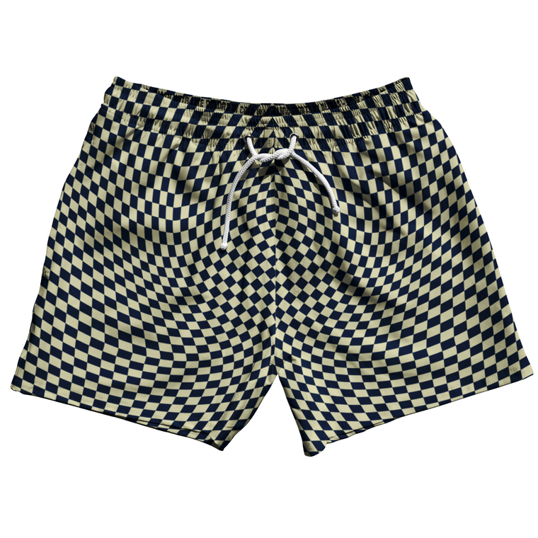 Warped Checkerboard 5" Swim Shorts Made in USA - Blue Navy And Vegas Gold