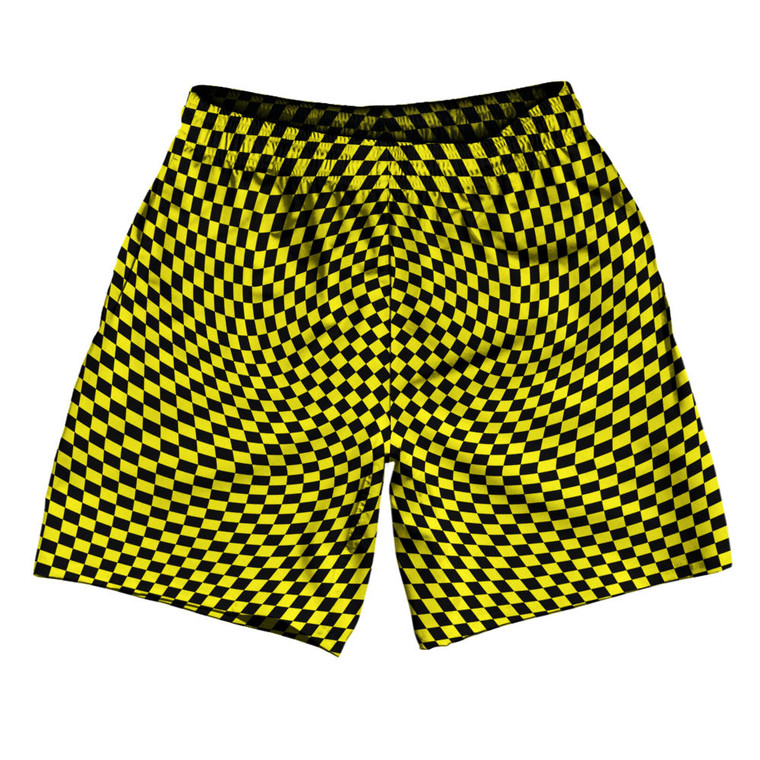Warped Checkerboard Athletic Running Fitness Exercise Shorts 7" Inseam Shorts Made In USA - Yellow Bright And Black