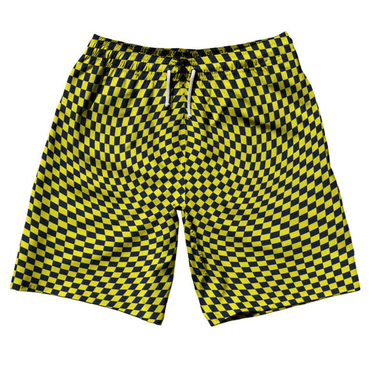 Warped Checkerboard 10" Swim Shorts Made in USA - Blue Navy And Yellow Bright