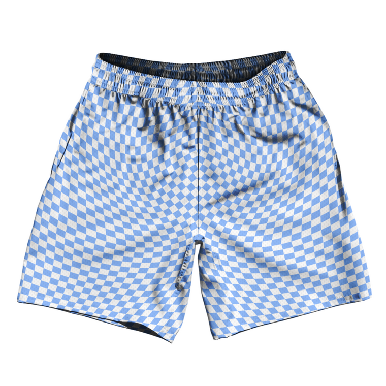 Warped Checkerboard Soccer Shorts Made In USA - Blue Carolina And White