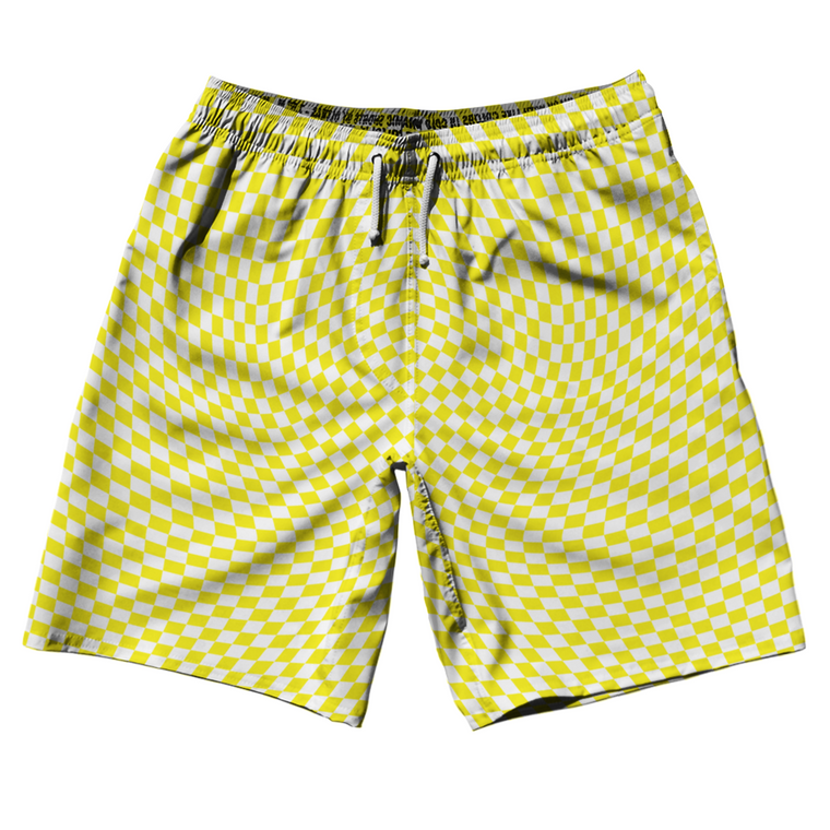 Warped Checkerboard 10" Swim Shorts Made in USA - Yellow Bright And White