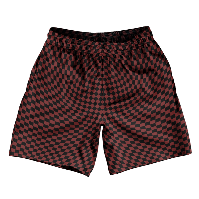 Warped Checkerboard Soccer Shorts Made In USA - Red Maroon And Black