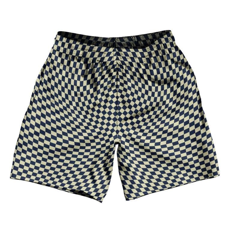 Warped Checkerboard Soccer Shorts Made In USA - Blue Navy And Vegas Gold