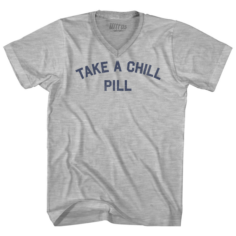 Take A Chill Pill Adult Cotton V-neck T-shirt - Grey Heather