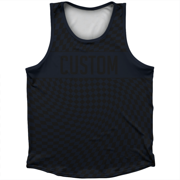 Warped Checkerboard Custom Athletic Sport Tank Top Made In USA - Blue Navy Almost Black And Black