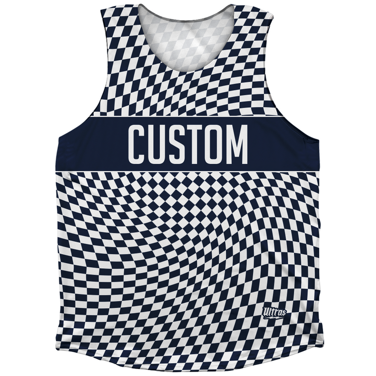 Warped Checkerboard Custom Athletic Tank Top - Blue Navy And White