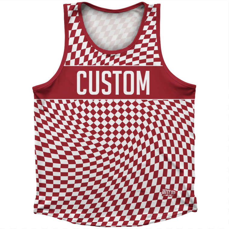 Warped Checkerboard Custom Athletic Sport Tank Top Made In USA - Red Cardinal And White