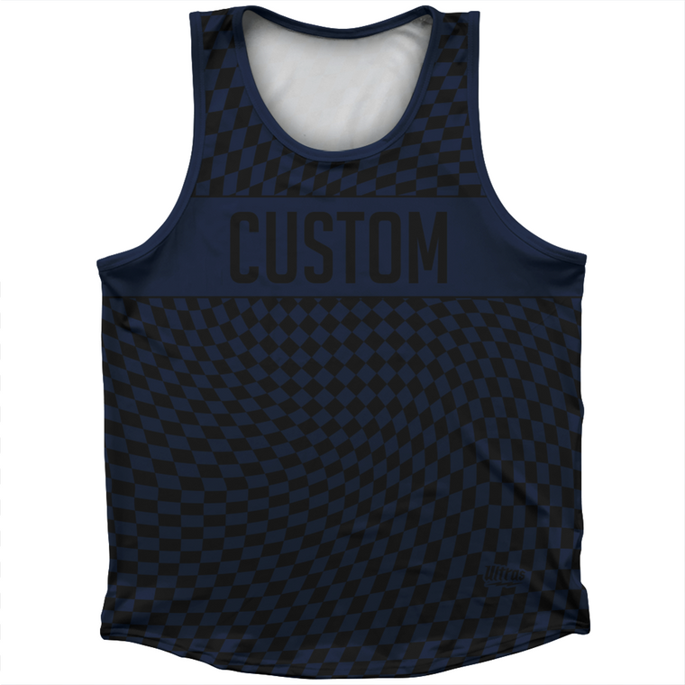 Warped Checkerboard Custom Athletic Sport Tank Top Made In USA - Blue Navy And Black