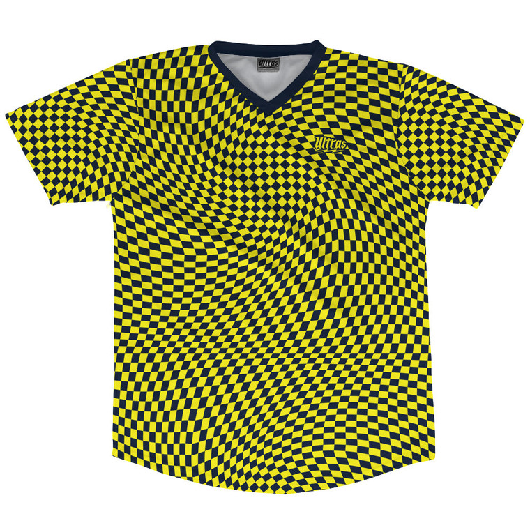 Warped Checkerboard Soccer Jersey Made In USA - Blue Navy And Yellow Bright