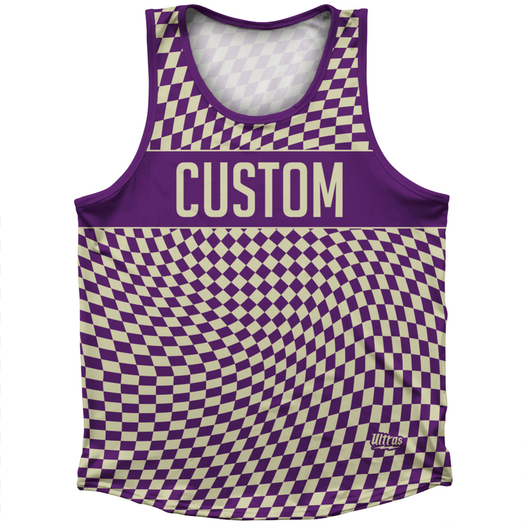 Warped Checkerboard Custom Athletic Sport Tank Top Made In USA - Purple Medium And Vegas Gold