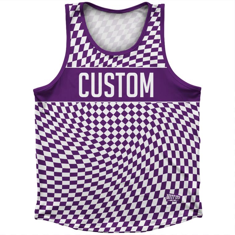 Warped Checkerboard Custom Athletic Sport Tank Top Made In USA - Purple Medium And White