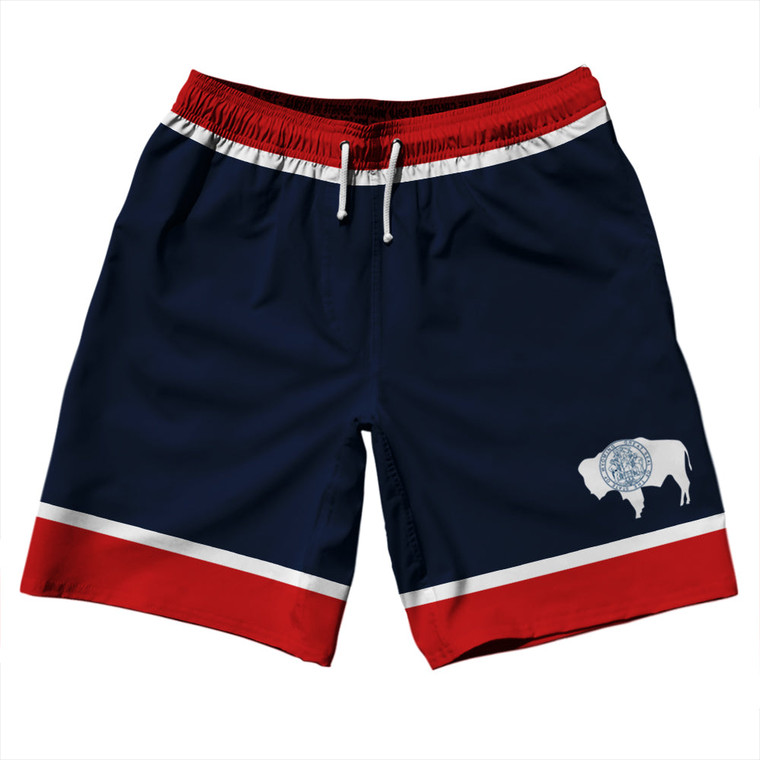 Wyoming US State Flag 10" Swim Shorts Made in USA - Navy Red