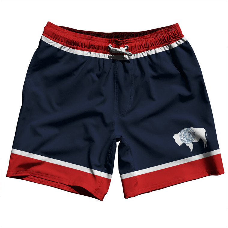 Wyoming US State Flag Swim Shorts 7" Made in USA - Navy Red