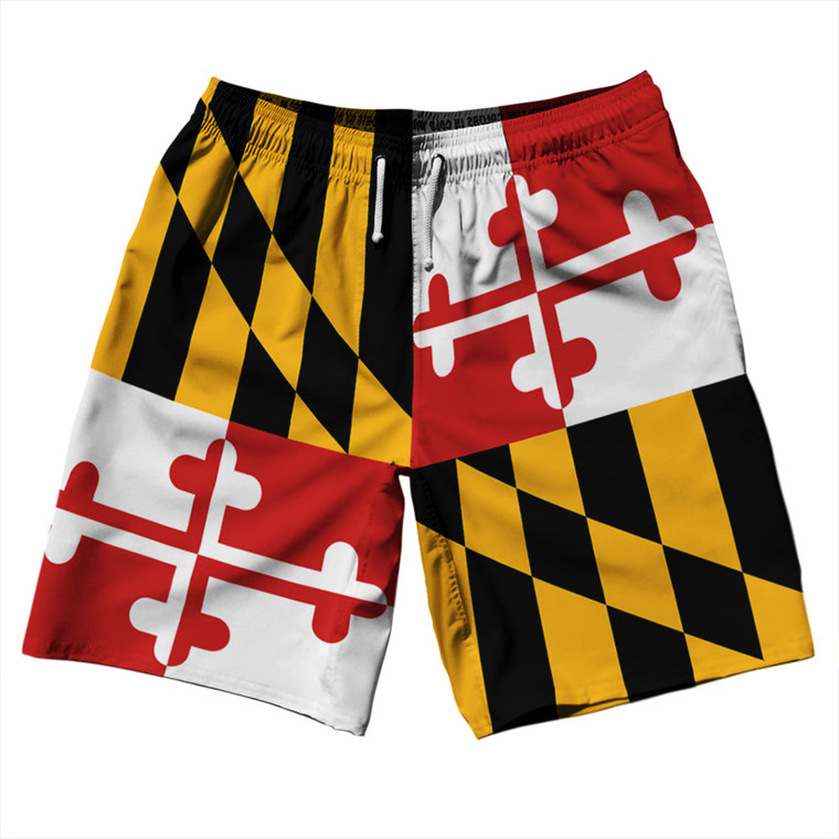 Maryland US State Flag 10" Swim Shorts Made in USA - Red White Yellow