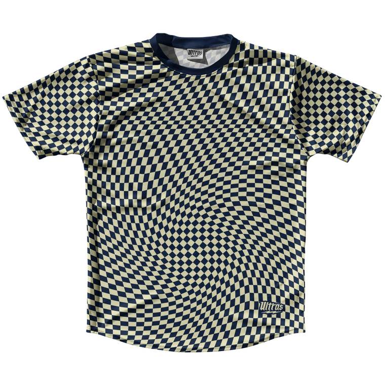 Warped Checkerboard Running Shirt Track Cross Made In USA - Blue Navy And Vegas Gold