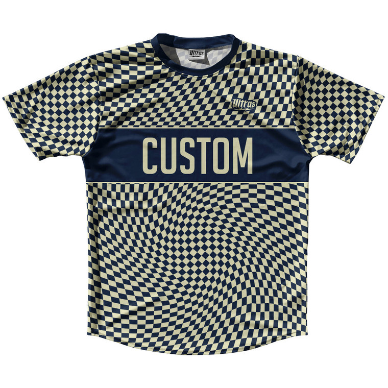 Warped Checkerboard Custom Running Shirt Track Cross Made In USA - Blue Navy And Vegas Gold