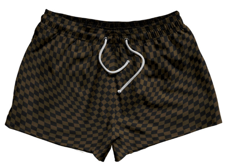 Adult 2X-Large- Warped Checkerboard 2.5" Swim Shorts Made in USA - Brown Dark And Black- Final Sale ZT42