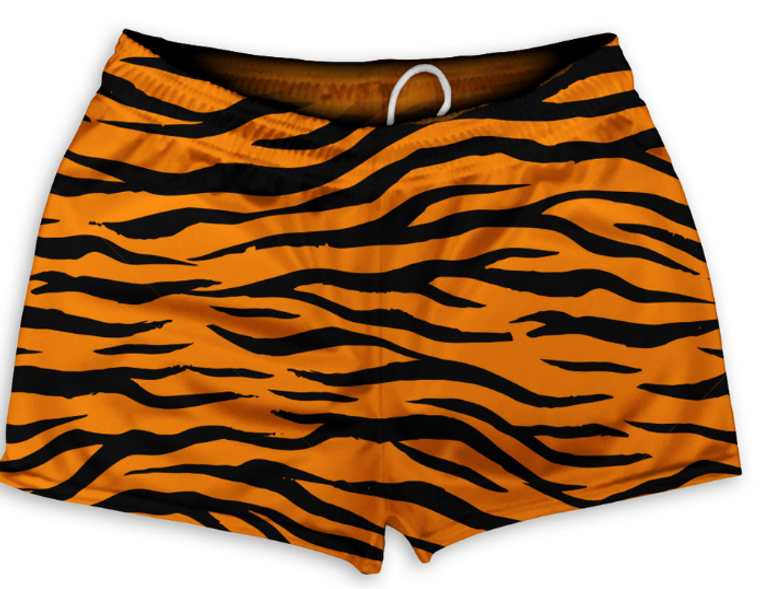 ADULT SMALL- New Tiger Patten Shorty Short Gym Shorts 2.5" Inseam Made In USA - Orange Black- Final Sale ZT44