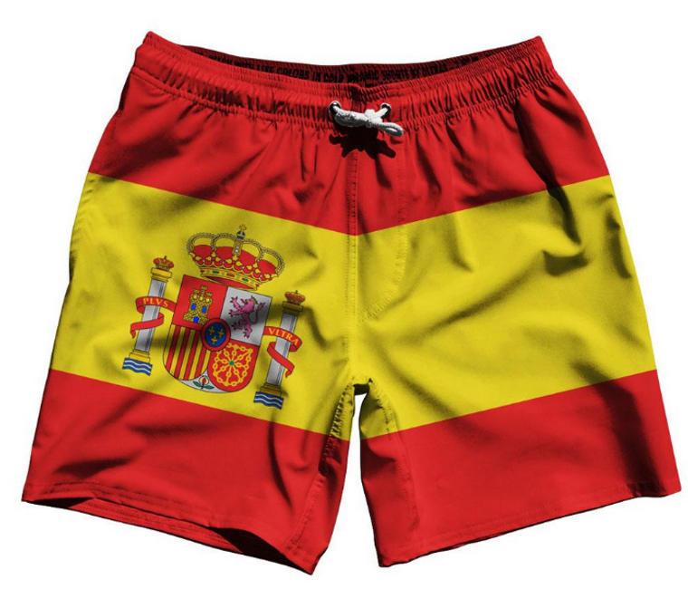 Adult LARGE- Spain Country Flag 7.5" Swim Shorts Made in USA - Red Yellow- Final Sale SL21