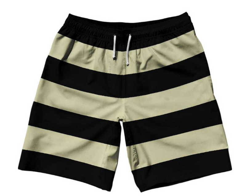 ADULT LARGE- Vegas Gold & Black Horizontal Stripe 10" Swim Shorts Made in USA - Vegas Gold & Black- Final Sale SL21