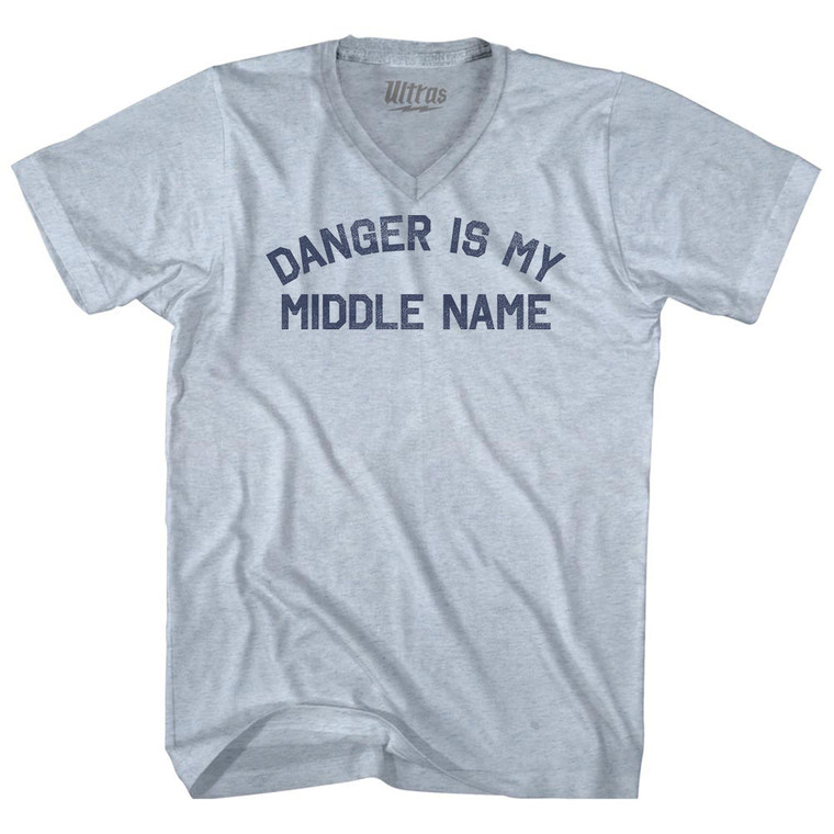Danger Is My Middle Name Adult Tri-Blend V-neck T-shirt - Athletic White