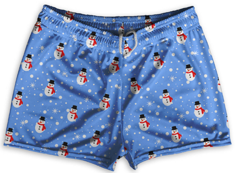 YOUTH MEDIUM - Snowman Christmas Shorty Short Gym Shorts 2.5" Inseam Made in USA - Blue- Final Sale ZT44