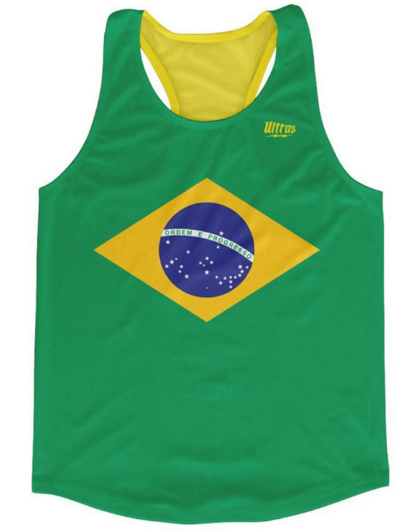 ADULT X-SMALL- Brazil Country Flag Running Tank Top Racerback Track and Cross Country Singlet Jersey Made In USA - Green Yellow- Final Sale T3