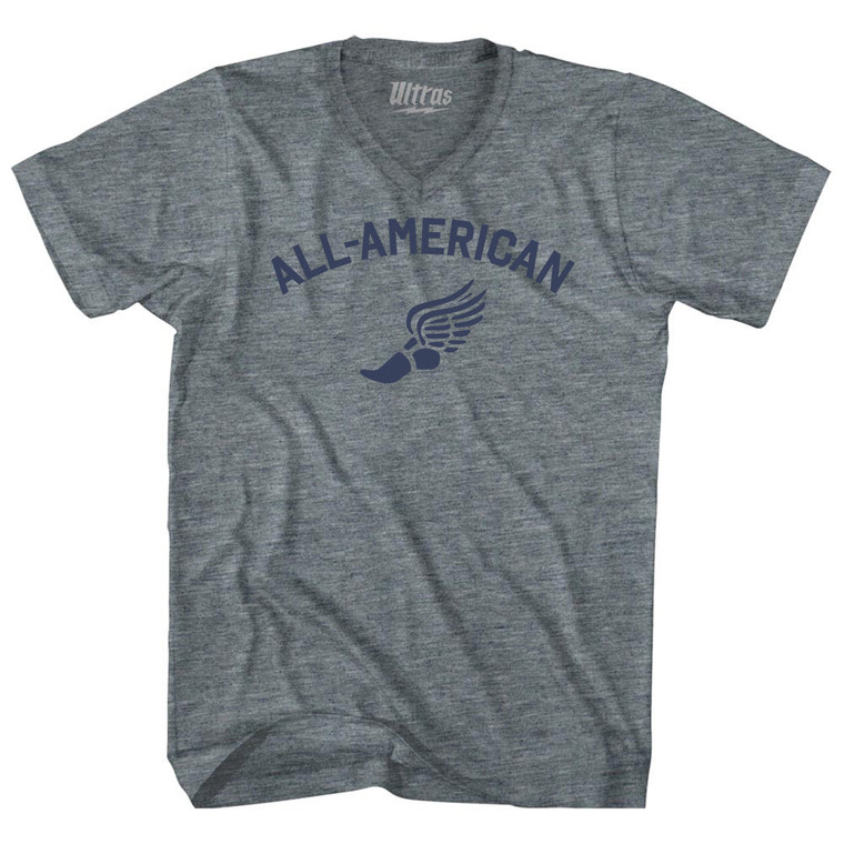 All-American Running Track Winged Foot Adult Tri-Blend V-neck T-shirt - Athletic Grey