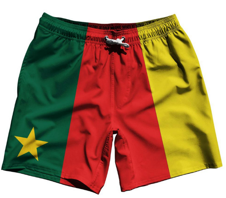 ADULT LARGE- Cameroon Country Flag 7.5" Swim Shorts Made in USA - Red Green Yellow- Final Sale SL20