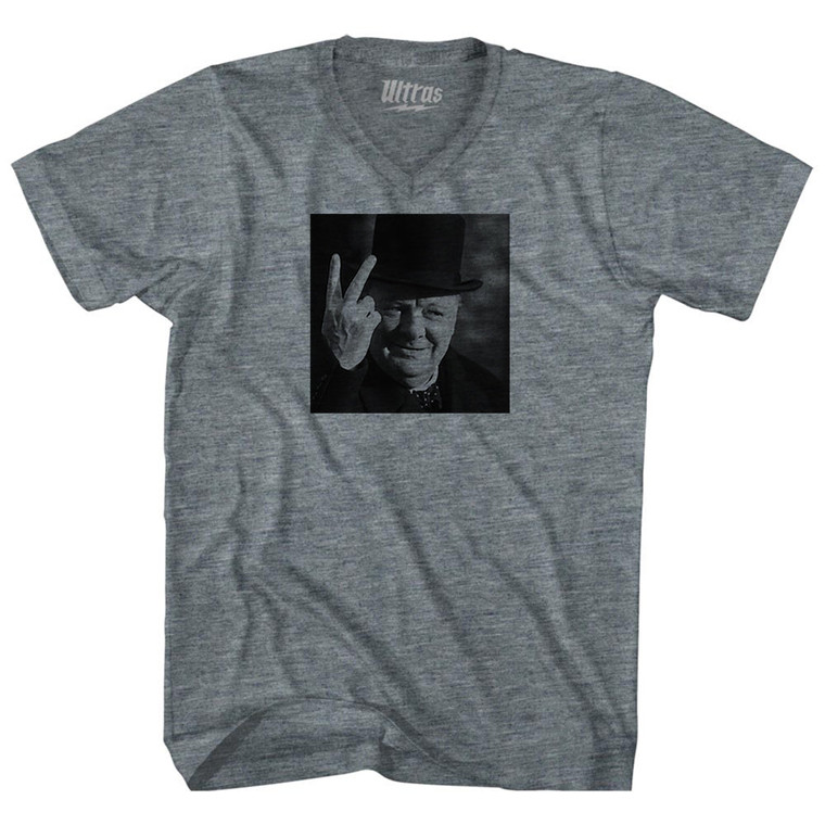 Winston Churchill Salute Picture Adult Tri-Blend V-neck T-shirt - Athletic Grey