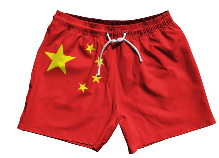 ADULT LARGE- China Country Flag 5" Swim Shorts Made in USA - Red White Blue- Final Sale SL2