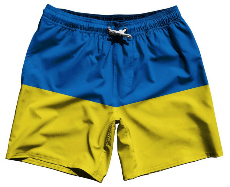 ADULT SMALL- Ukraine Country Flag 7.5" Swim Shorts Made in USA - Blue Yellow- Final Sale ZT42