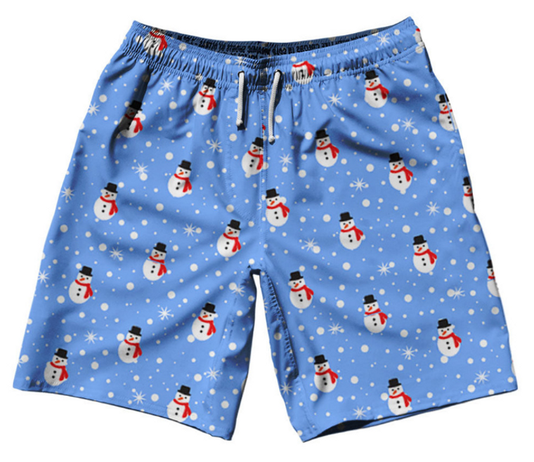 ADULT SMALL- Snowman Christmas 10" Swim Shorts Made in USA - Blue- Final Sale ZT42