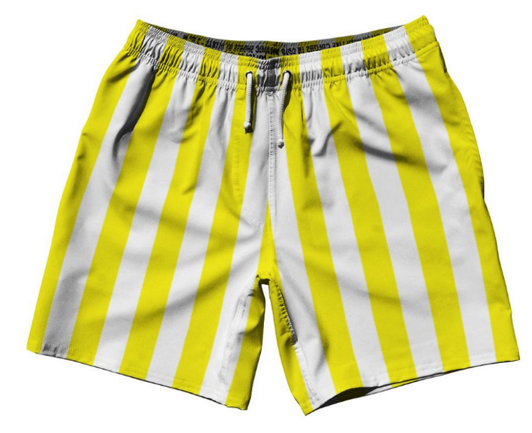 ADULT SMALL- Canary Yellow & White Vertical Stripe Swim Shorts 7.5" Made in USA - Canary Yellow & White- Final Sale ZT42