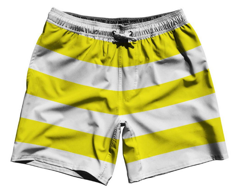 ADULT SMALL- Yellow & White Horizontal Stripe 7" Swim Shorts Made in USA - Yellow & White- Final Sale  ZT42