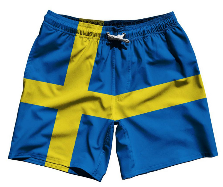 ADULT MEDIUM- Sweden Country Flag 7.5" Swim Shorts Made in USA - Blue Yellow- Final Sale SM4