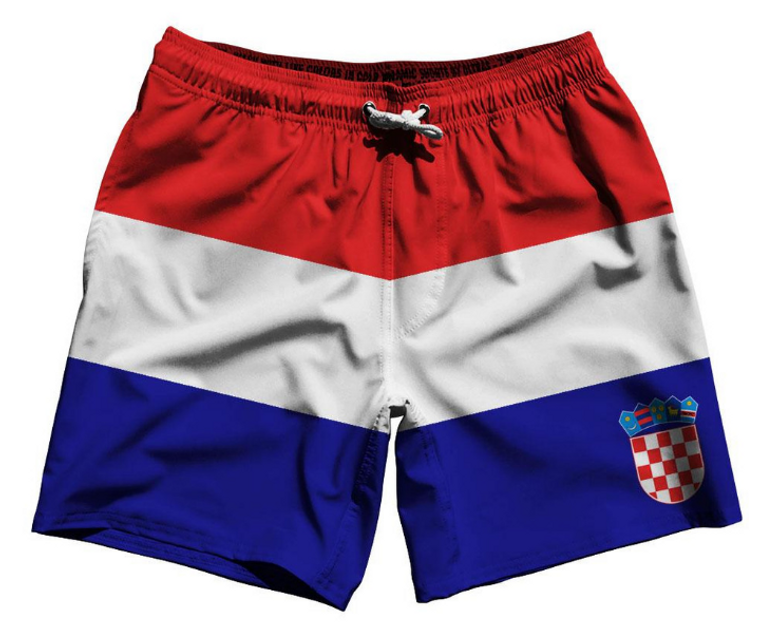 ADULT LARGE- Croatia Country Flag 7.5" Swim Shorts Made in USA-Red White Blue- Final Sale SL19