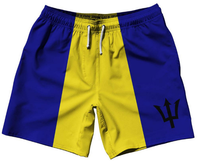 ADULT MEDIUM- Barbados Country Flag 7.5" Swim Shorts Made in USA - Blue Yellow- Final Sale SM4