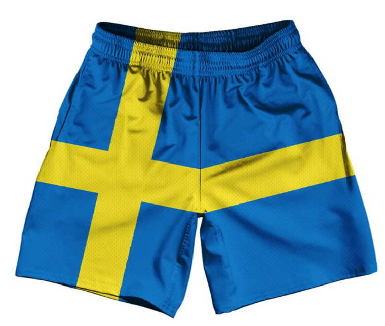 ADULT MEDIUM- Sweden Country Flag Athletic Running Fitness Exercise Shorts 7" Inseam Made In USA - Blue Yellow- Final Sale SM4