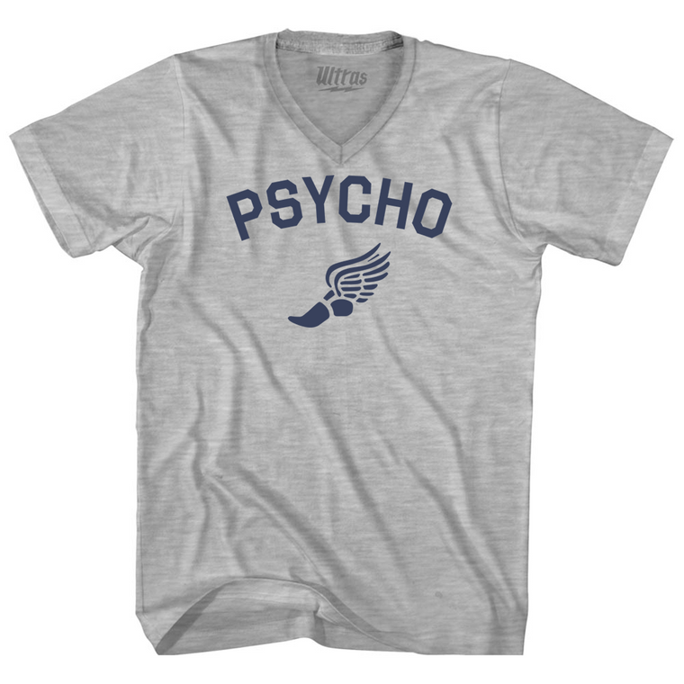 Psycho Running Track Winged Foot Adult Cotton V-neck T-shirt - Grey Heather