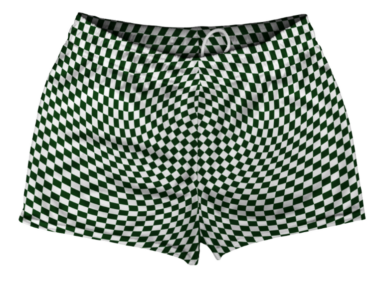 ADULT SMALL- Warped Checkerboard Shorty Short Gym Shorts 2.5" Inseam Made In USA - Green Forest And White- Final Sale Z42