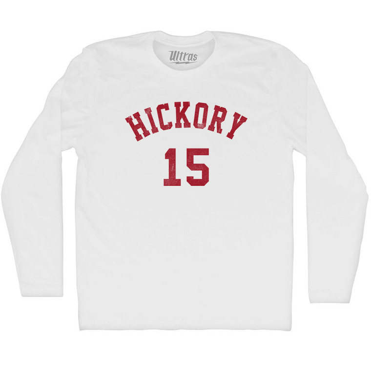 Hickory 15 Basketball (Distressed Design) Adult Cotton Long Sleeve T-shirt White